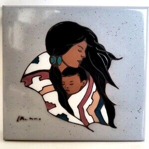 '90 Native American Southwestern Art Wall Tile Trivet Mother & Baby Leone Kuhne